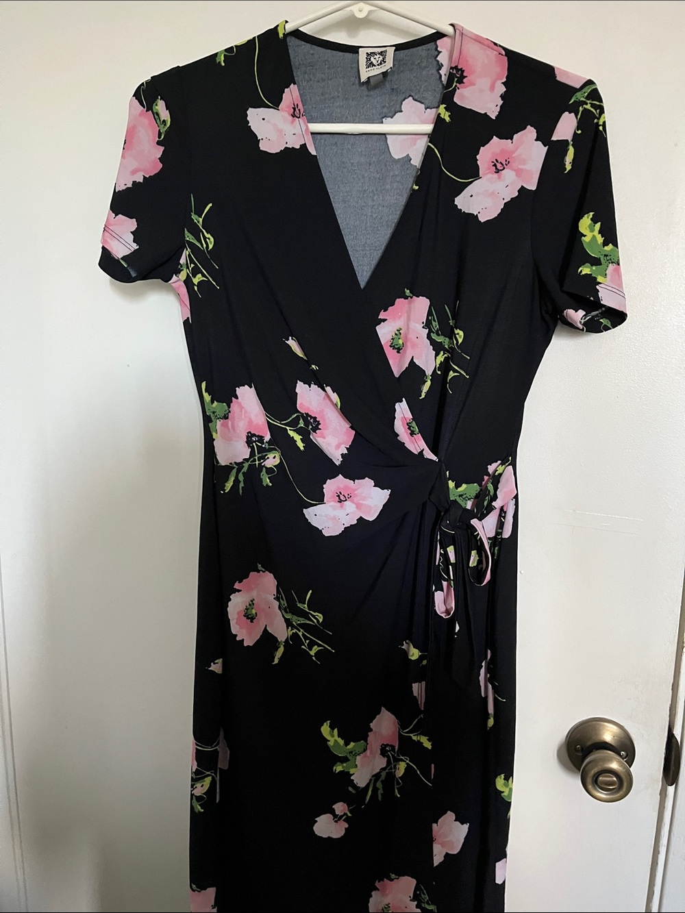 Anne Klein Black Wrap Dress with Pink Floral Print